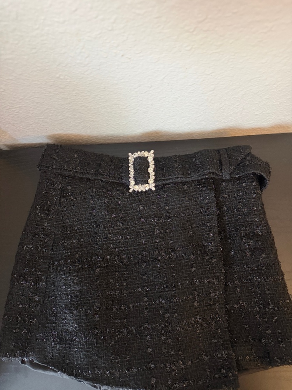 SHEIN Black Tweed Mini Skirt with Rhinestone Buckle Detail